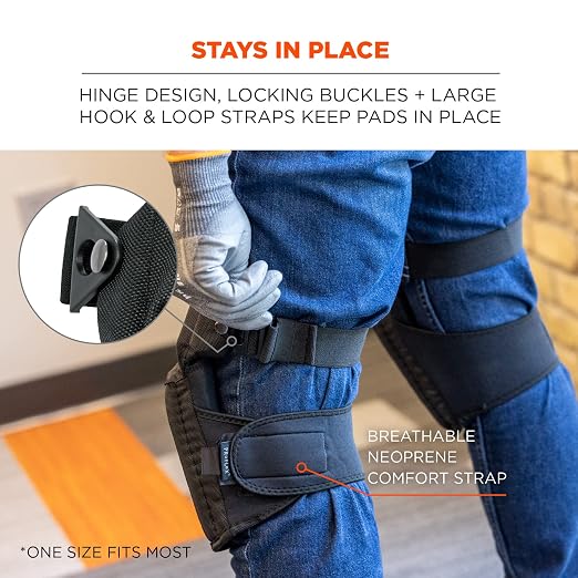 Gel Foam Knee Pads with Comfort Hinge Straps, Soft Fabric Cap, Buckle Closure, Ergodyne ProFlex 450 ,Black