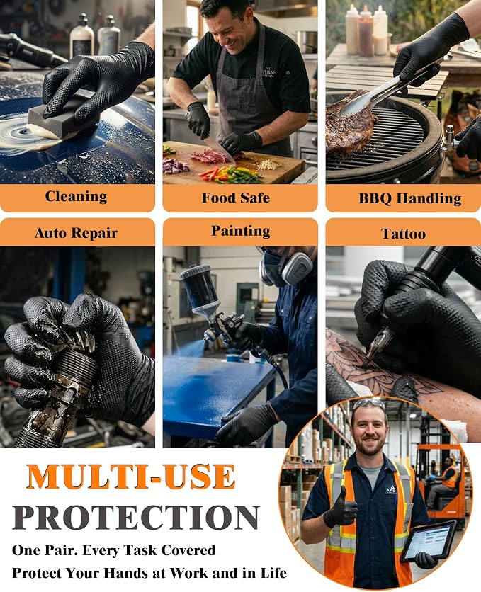 wcy 9mil Heavy Duty Disposable Nitrile Gloves, Black XLarge 80Pcs -Chemical Resistant, Latex Powder Free Rubber Gloves Diamond Texture for Automotive, Mechanics, Cooking,BBQ, Industrial Use