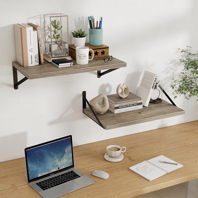Floating Shelves 12 Inch Deep, 24W x 12D Wall Shelf Set of 2, 50 lbs Heavy Duty Reversible Metal Brackets, Deep Industrial Book Shelf for Living Room Kitchen Bath Bedroom Coffee Bar, Grey