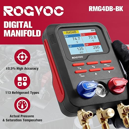 Digital Manifold Gauge, HVAC Refrigerants Digital AC Gauges Set with 2 Thermometer Clamps and 3 Hoses, for R22/R410A/R134A/1234YF Refrigerant Recharge Kit, Black