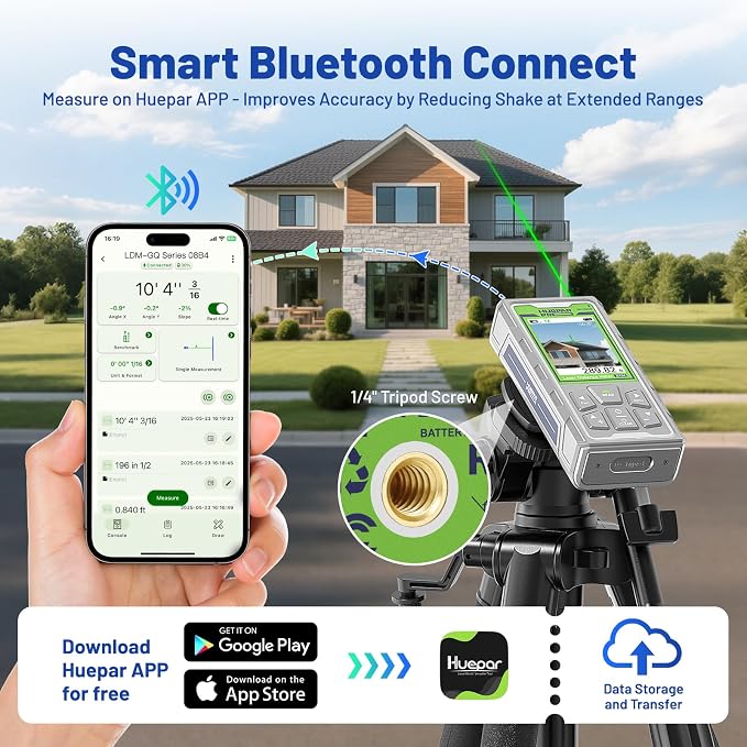 Huepar Pro Laser Measuring Tool, 330Ft Outdoor Laser Measure with Camera & Bluetooth Connected, Laser Distance Meter with P2P Technology, Free APP, IP68, Micro USB Cable,Hand Strap&Pouch -SW-100GQ