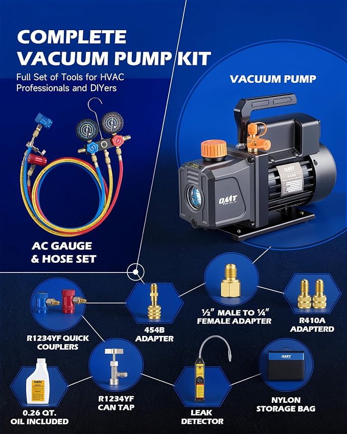Orion Motor Tech 4 cfm AC Vacuum Pump and Gauge Set, Single-Stage AC Manifold Gauge Set with Vacuum Pump for R454B R1234yf R32 R410a System, Spark-Proof HVAC Vacuum Pump Kit with Overheat Protection