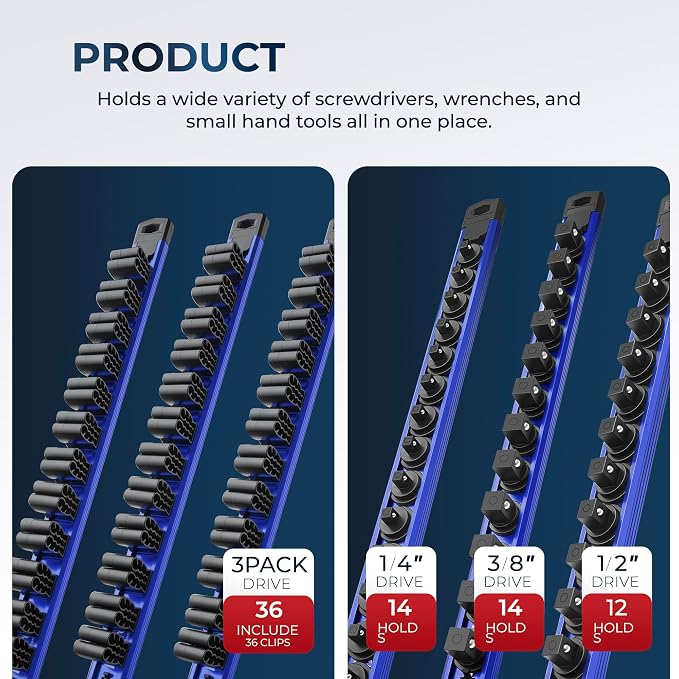 Reniteco 6-Piece Magnetic Socket Organizer and Magnetic Screwdriver Organizer Set, 1/4" 3/8" 1/2" Drive Aluminum Rail & 3-Piece Wrench Screwdriver Holder, Interchangeable Clips, Sockets Not Included
