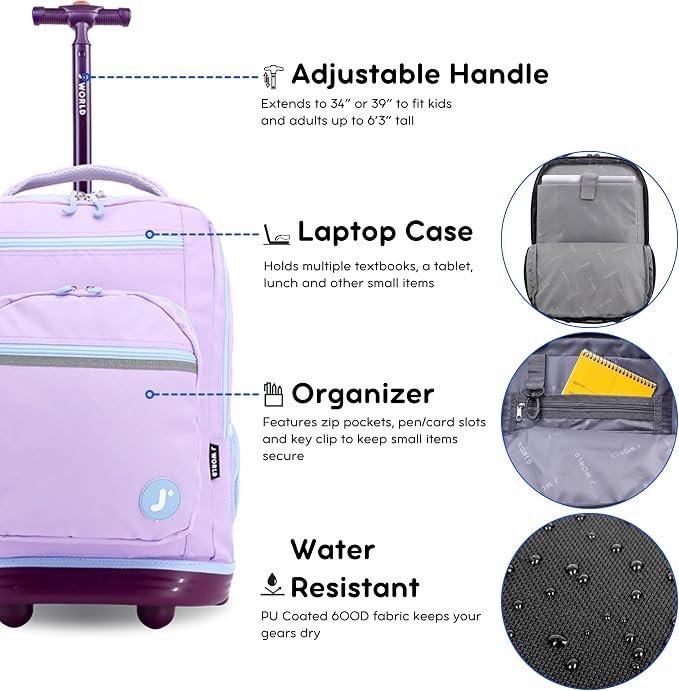 J World Sundance Laptop Rolling Backpack for Girls Boys. Roller Bookbag with Wheels, 20 Inch, Purple