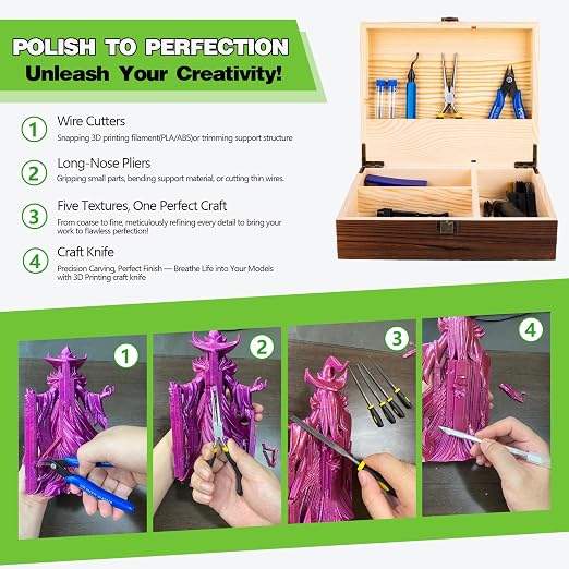 3D Printing Tool Set with Wood Box – 3D Printer Tools Features a deburring Tool, Wire Cutter, Drill, and Scraper for Model cleanup, Surface Smoothing, and Precise Drilling.