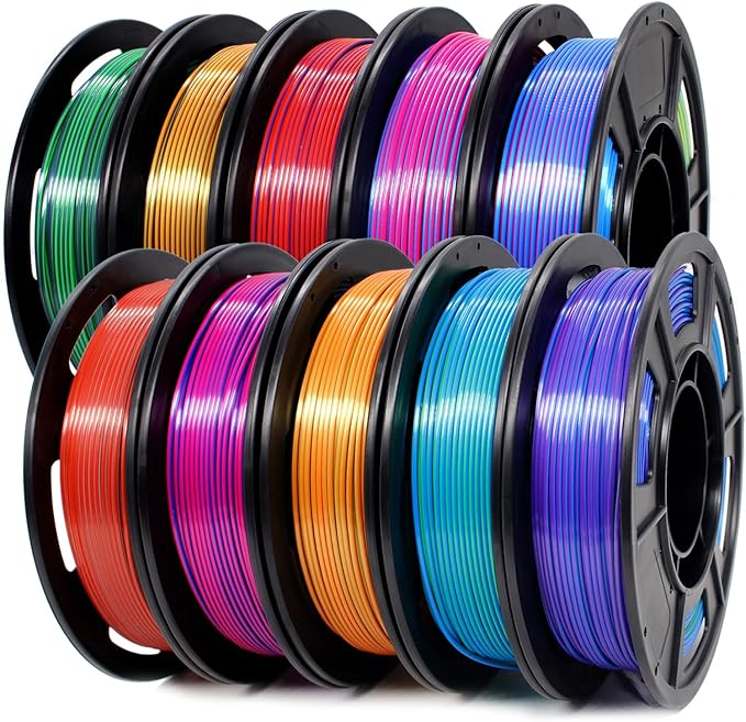 3D Printer Filament Bundle,1.75MM Silk PLA Filament Multicolor 250g*10 Rolls,Bulk Filament fits for Most FDM 3D Printers.