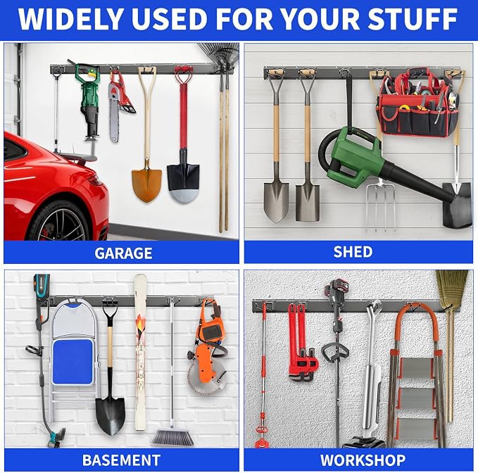 Garden Tool Organizer Wall Mount, 48inch Heavy Duty Garden Tool organizer Storage System, Easy Install With 7 Adjustable Hooks, For Garage, Basement, Shed, Workshop(Black)