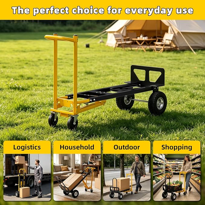 4 in 1 Convertible Hand Truck Dolly, 1000Lbs Capacity, Heavy Duty Folding Hand Truck Dolly Cart with Wheels 10" All-Terrain Tires, Hand Trucks for Logistics, Home, Office, School, Yellow