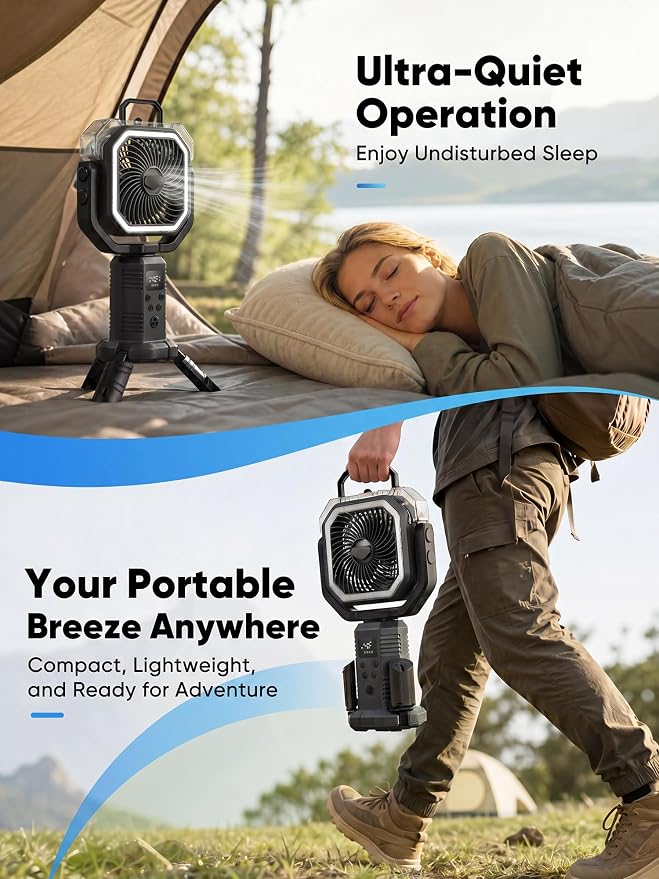 Portable Misting Fan, Rechargeable Camping Fan with 400ml Tank, 20000mAh Battery, Remote Control, LED Light, 4 Speeds, Oscillating Outdoor Fan for Tent, Patio, Beach, RV, Garage, Indoor Outdoor, Black