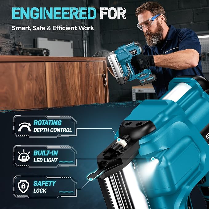 GEVEELIFE Cordless 2" Brad Nailer, 2-in-1 20V Nail Gun Cordless with 2×2.0Ah Batteries, 18GA Nail Gun & Staple Gun,1000pcs Nails, Adjustable Depth, 2 Modes for Wood Carpentry