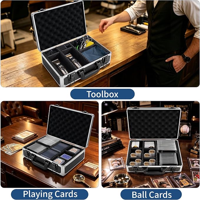 Aluminum Storage Case with Adjustable Dividers, Multi-Function Lockable Storage Carrying Case for Graded Card, Barber Tools, Makeup Tools, etc (Medium) ﻿