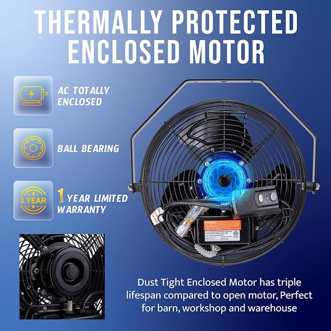 Tornado 12 Inch Outdoor Water-Resistant Metal Industrial Wall Mounted Fan IPX4 Rated High Velocity Wall Fan For Commercial, Industrial, Residential, 3 Speed 6.6 FT Cord cETL Safety Listed, Black