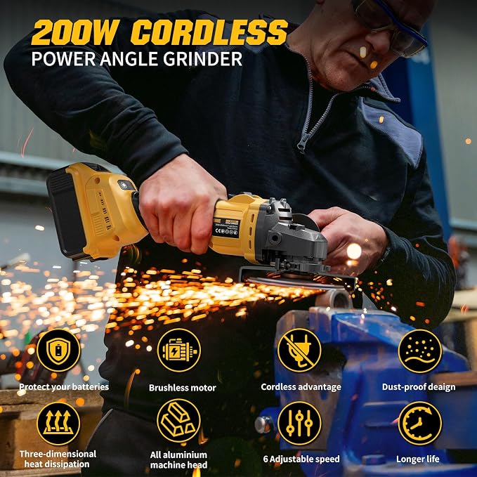 Angle Grinder 4-1/2" Cordless Compatible with DEWALT 20V Max Battery, Brushless Grinder Tool, 6 Variable Speed for Cutting Grinding Polishing (Tool Only)