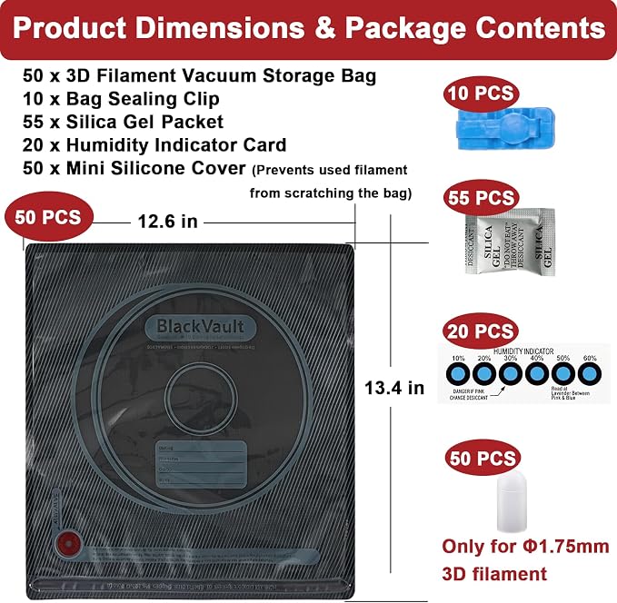 50 PCS Filament Storage Bags, Reusable 3D Printer Filament Bags | Vacuum Storage Bag Kit with Sealing Clips, Desiccants, Humidity Indicator Card and Mini Silicone Cover, 12.6 x 13.4 in, Black