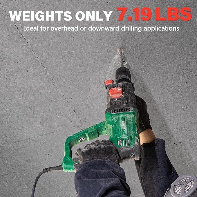 1" SDS-Plus Lightweight Concrete Rotary Hammer Drill w/ 1/2" Adapter | 9 Amp Corded Electric 7.2 Lbs 4 Functions & Reverse Variable Speed Safety Clutch Rotomartillo w/ 3 Drill Bits 2 Chisels Case