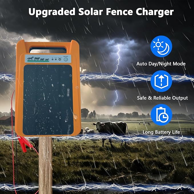 Solar Electric Fence Charger, 0.2J 8kV Solar Powered Fence Charger with Day/Night Mode, 24-Hour Uninterrupted Protection for Livestock, Poultry & Garden