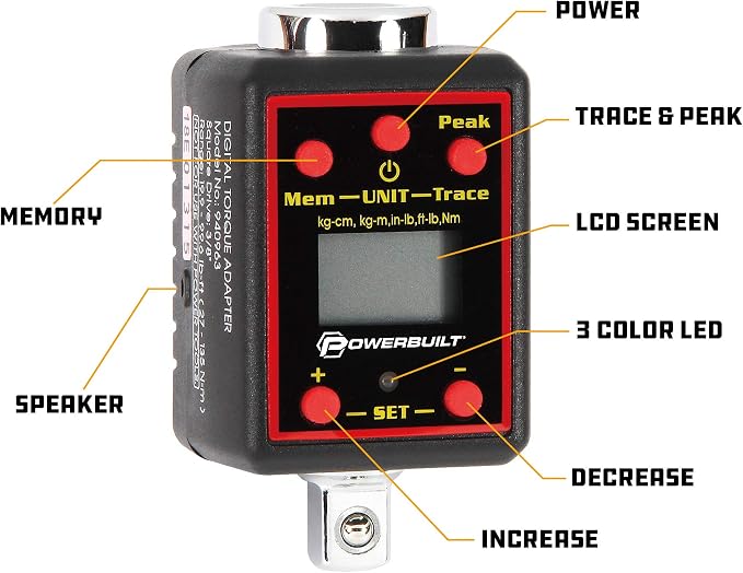 Powerbuilt Digital Torque Socket Adapter, 3/8 Inch Drive Ratchet to Torque Wrench Converter, LCD Display Screen, Five Units of Measure - Red 940963