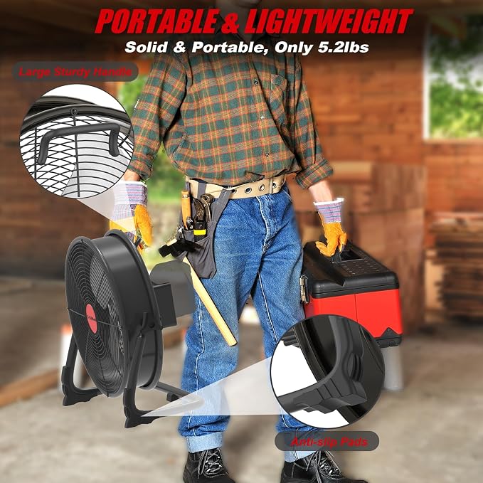 12" Battery Operated Floor Fan Compatible with Milwaukee M18 18V Battery, Portable Fan with AC Adapter and USB Output, Metal Industrial High Velocity, Stepless Speed Cordless Fan for Jobsite Garage