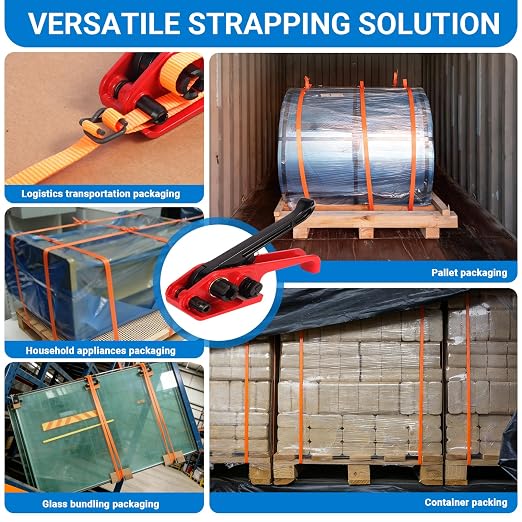 Woven Cord Banding Kit Pallet Packaging Tool 3/4" x 147' Strapping, 60pcs Metal Phosphate Cord Strapping Buckles Heavy Duty Tensioner Kit by LOCXVE