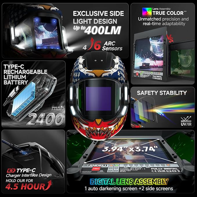 ANDELI Welding Helmet with 4 LED Light, 180° Panoramic 6 Arc Sensor True Color Auto Darkening Welding Hood with Internal Display, 2400mAh Rechargeable Battery for TIG/MIG/Cut/Grind MONERAE LED PRO