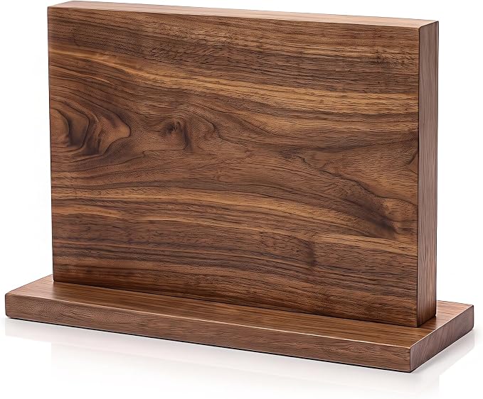 Magnetic Knife Block, Acacia Wood Countertop Magnetic Knife Holder, Double-Sided - Holds Up to 12 Knives & Metal Kitchen Tools, Brown
