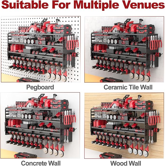 52" W Large Power Tool Organizer Wall Mount -4 Layer Heavy Duty Power Tool Rack,Tool Organizer Storage for Workshop Garage Basement,12 Cordless Tool Organizer