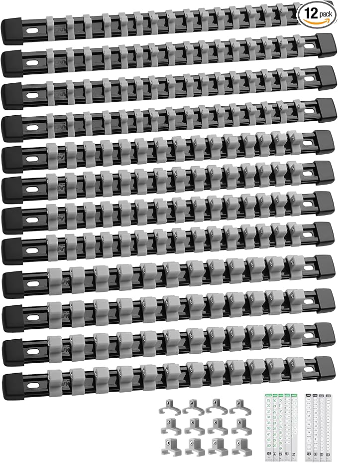 ALOANES 12PC Socket Organizer, Socket Rails Fit 1/2", 1/4" and 3/8" Drive | Heavy Duty ABS Socket Holders Hold up 172 Sockets for Mechanics Toolbox Drawer Bags(Grey)