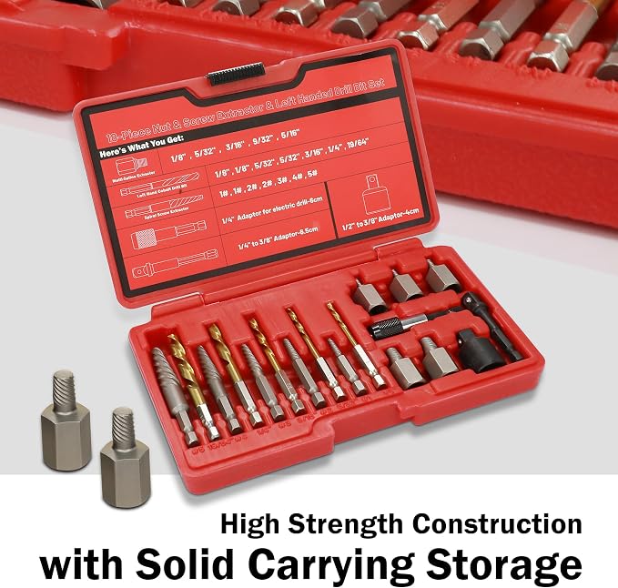 22Pcs Screw Extractor Set, Left Hand Drill Bit Set 6542/4341 HSS, Easy Out Bolt Extractor Set with Hex Adapter, Multi-Spline Stripped Bolt Remover for Broken Rusted Nuts Screws, Bolts, Studs
