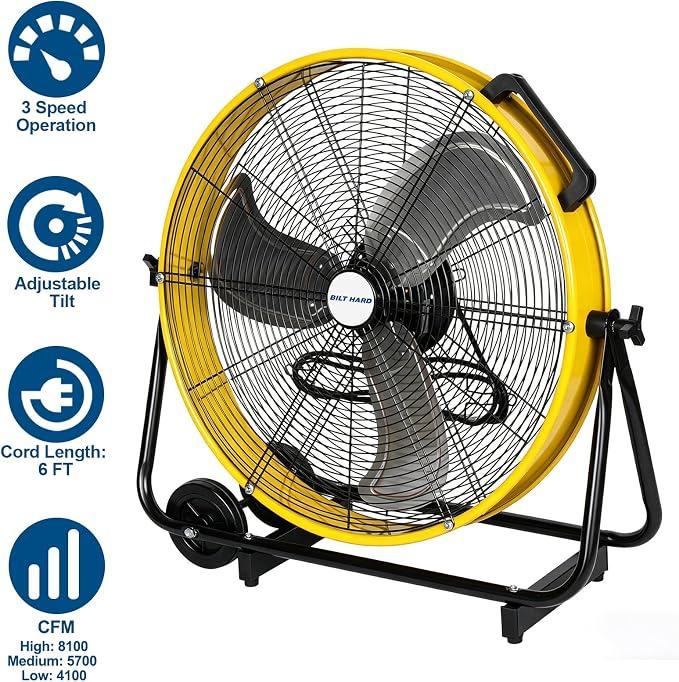 BILT HARD 24" 8100 CFM High Velocity Industrial Drum Fan, 3-Speed Heavy Duty Metal Shop Fan for Warehouse, Workshops, Garage, Factory and Basement