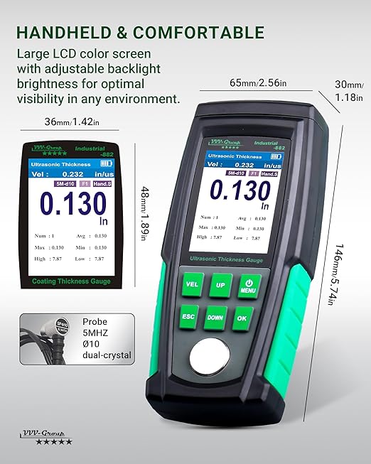 Ultrasonic Thickness Gauge Industrial-882 – Metal Thickness Tester for Steel, Pipes and Industrial Materials, 0.039–8.858 in (1–225 mm) Range, Color LCD, Auto Calibration, Handheld Thickness Tester