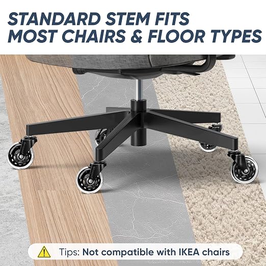 TICONN Office Chair Caster Wheels Set of 5 for Tile, Hardwood Floors and Carpets, Universal Fit for Most Chairs (Transparent)