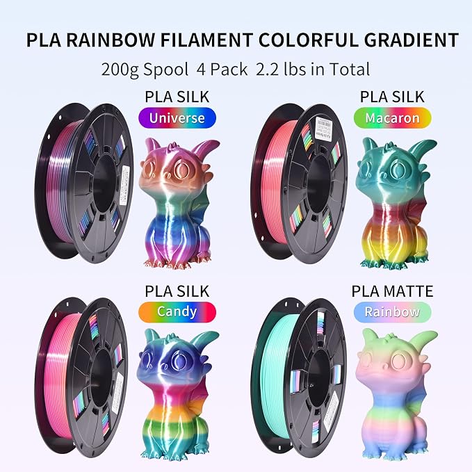 RAMBERY Silk Matte Rainbow 3D Printer Filament PLA 1.75mm, 4-Pack | Fast Color Change, Toughness Upgraded, 200g x 4 Spools, 1.76 lbs Total, Multicolor