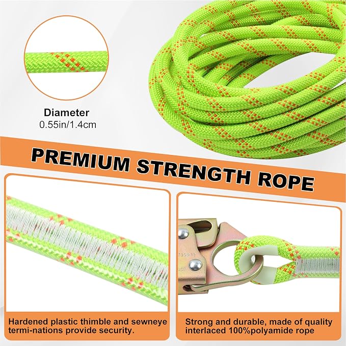 Rope Harness Safety Lanyard 50FT Fall Protection Vertical Roofing Rope | 50FT Anti-fall Safety Rope with Grab Snap Hooks, Shock Absorber, Heavy Duty Vertical Roofing Rope, Tree Climbing Line Kit