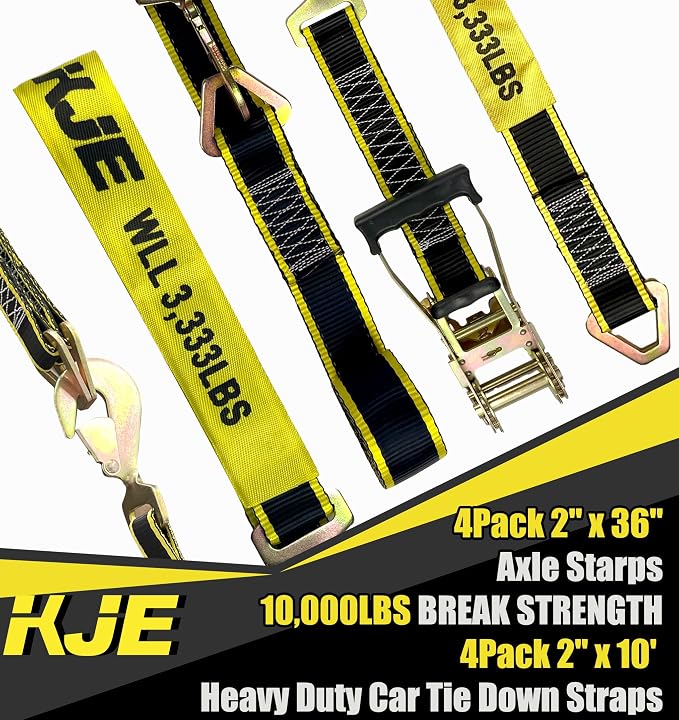 KJE Heavy Duty Car Trailer Tie Down Straps with Reflective - (4) 2" x 10' Ratchet Straps with Snap Hooks, (4) Axle Straps 2" x 36'' - 10,000lbs Break Strength - Use for Car, Truck, UTV Transport