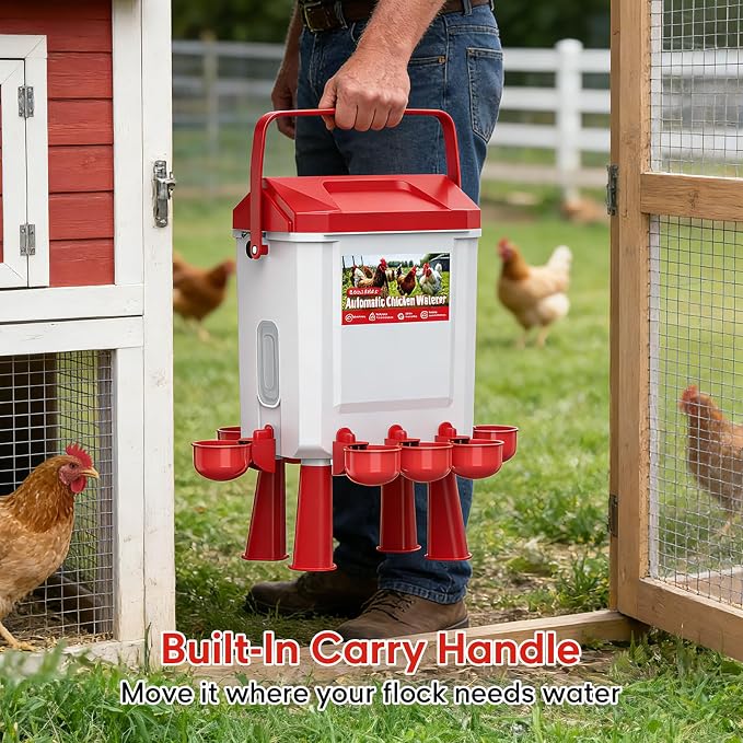 3 Gallons Automatic Chicken Waterer with 8 Chicken Water Cups, 8 Nipples, 6 Plugs, Float-Controlled Chicken Water Feeder with 60 Inch 3/4'' Water Hose, Poultry Waterer Perfect for Chicks, Duck, Goose
