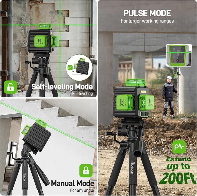 Laser Level 360 Self Leveling with 50" Tripod, Huepar 3x360° High Brightness Green Laser Leveler Tool for Construction, Tile and Picture Hanging, 5200 mAh Li-ion Battery & 2 Portable Bag Included