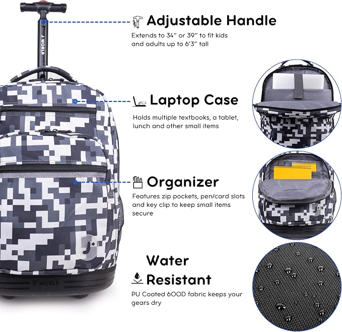J World Sundance Laptop Rolling Backpack for Girls Boys. Roller Bookbag with Wheels, 20 Inch, Camo