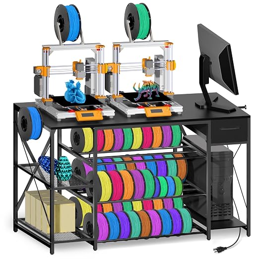 3D Printer Stand with Charging Station,Large 4-Tier 3D Printers Table with Holds 60+ Filament Storage and Storage Drawer,Filament Rack,Heavy Duty 3D Printer Desk for Workshop,Office and Garage,Black