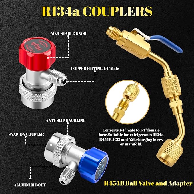 Tellegloww HVAC A2L Digital Manifold Gauge Set for R22 R32 R410A 134A R454B Refrigerant with Hose Kit, 4 Refrigerant Angled Compact Ball Valve and 2 R410A Adapter 2 R454B Adapter