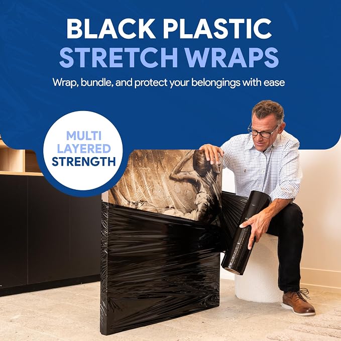 International Plastics Co. Black 18" Stretch Film/Wrap 1500 feet 7 Layers 80 Gauge Industrial Strength 800% Stretch 20 Microns Durable Adhering Packing Moving Heavy Duty Shrink Film (1 Pack, Black)