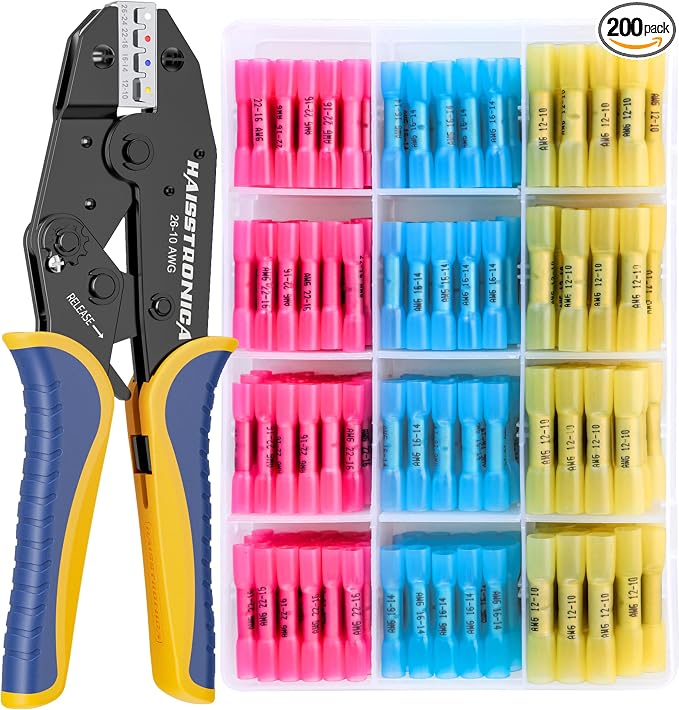 haisstronica Crimping Tool for Heat Shrink Connectors HS-8327 with 200PCS Marine Grade Heat Shrink Butt Connectors of Tinned Red Copper AWG 22-10