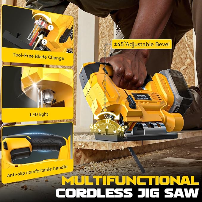 Ecarke Cordless Jig Saw Compatible With Dewalt 20V Battery, 4 Orbital Sets, 6 Variable Speeds Control, Dust-Blowing, ±45° Bevel Cuts, LED Light and 6PCS Blades for Straight Curve Cutting, Tool Only