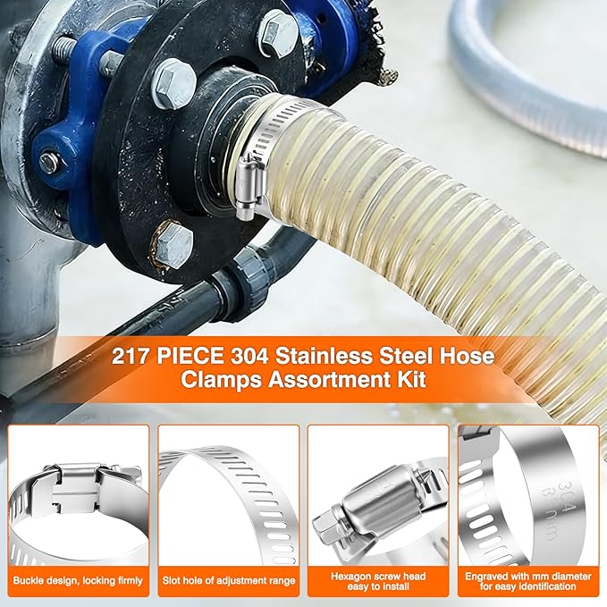 KELIN 217PCS 304 Stainless Steel Hose Clamp Kit, 9 Sizes from 1/4" to 2-1/2" (6-63mm) Adjustable Worm Gear Clamps with Socket Wrench& Screwdriver, Automotive Fuel Line Water Pipe Clamps Assortment Set