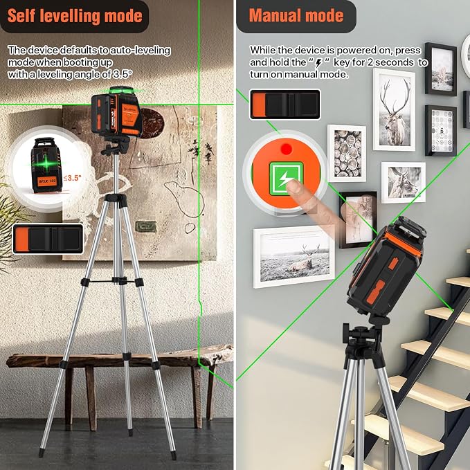 360° Laser Level with Tripod, LP LEIPOR Self Leveling Laser Level with Pulse Mode, 3 Brightness Levels Rechargeable Li-ion Battery Green Line Laser Leveler Tool for DIY Indoor Project