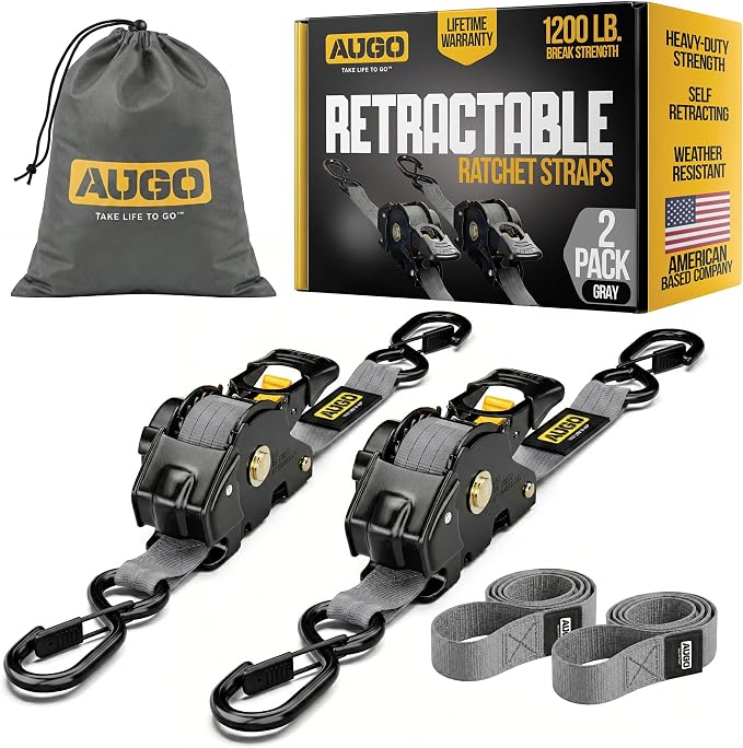 AUGO Retractable Ratchet Straps | 2 Heavy Duty Ratchet Straps Self Retractable Tie Downs with Soft Loops & Storage Bag for Motorcycle, Truck, Trailer, Cargo Van | 1200 Lb Break Strength 1” x 10’