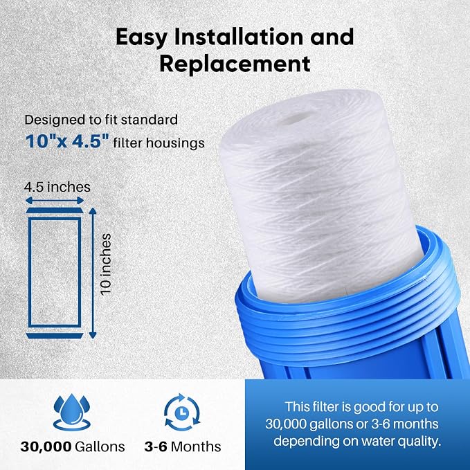 PUREPLUS 10 Micron 10 x 4.5 Whole House String Wound Sediment Filter for Well Water, Replacement Cartridge for 84637, WPX5BB97P, PC10, CW5-BBS, 355215-45, 4Pack