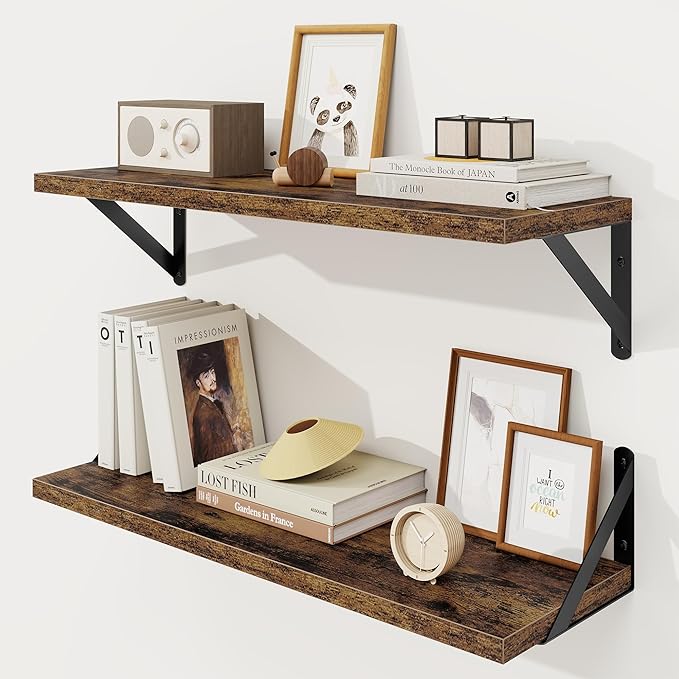 Floating Shelves 8 Inch Deep, 24W x 8D Wall Shelf Set of 2, 50 lbs Heavy Duty Reversible Metal Brackets, Industrial Book Shelf for Living Room Kitchen Bath Bedroom Gallery Wall, Rustic Brown