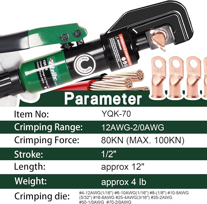 Hydraulic Cable Lug Crimper 10 US TON 12 AWG to 00 (2/0) Electrical Terminal Cable Wire Tool Kit with 9 Die (12awg~00awg Crimping Tool)