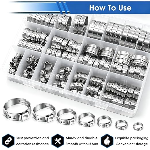 170Pcs 13 Sizes 304 Stainless Steel Single Ear Hose Clamps 5.3-31.6mm Crimp Hose Clamps Assortment Kit Perfect for Automotive/Home Appliance/Water Pipe and Fuel Line