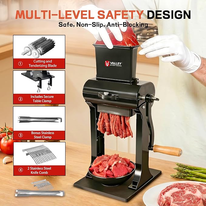 Manual Meat Tenderizer Jerky Slicer - 2 in 1 Commercial Meat Tenderizer Machine, Stainless Steel Tenderizing Blade and Jerky Slicer Blade for Beef and Chicken, Black